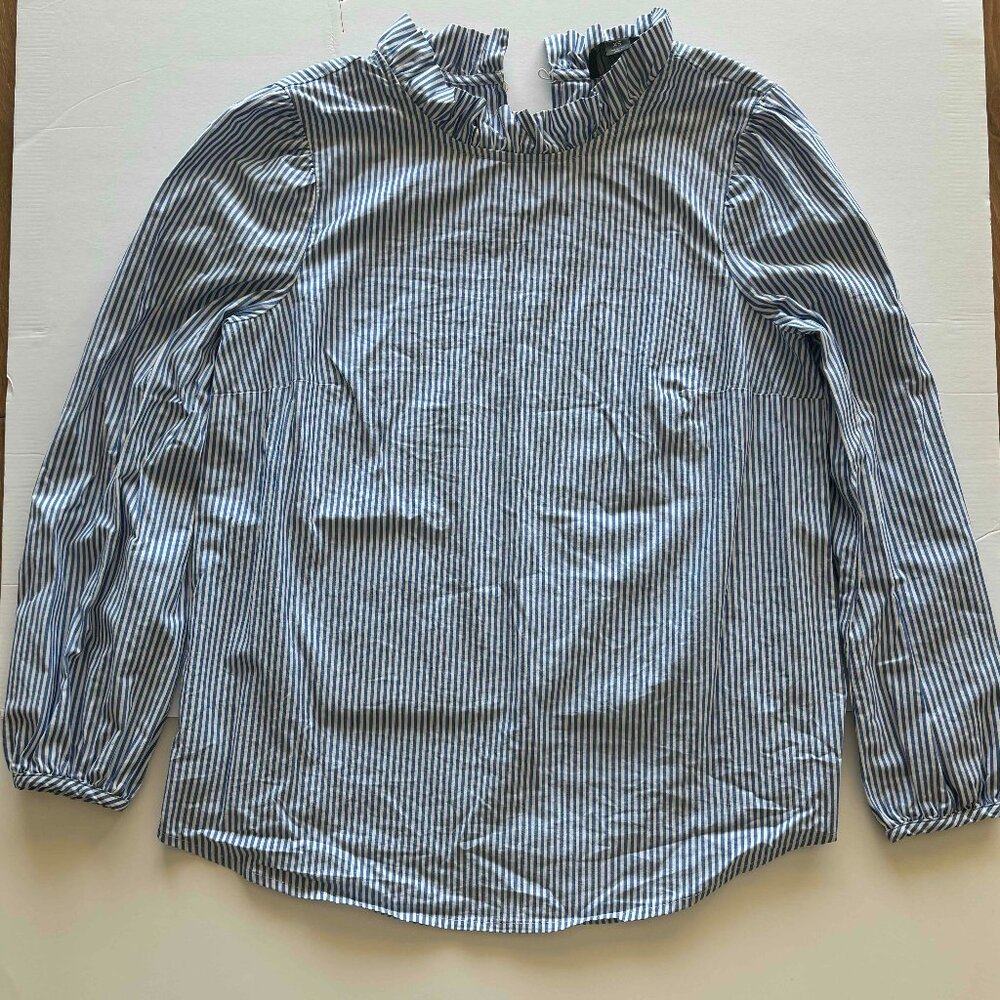 J. Crew Ruffle Necked Banker Blue Striped Blouse XS